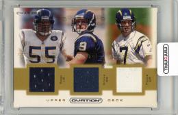 2001 Upper Deck Ovation Junior Seau / Drew Brees / Doug Flutie JERSEY RELIC San Diego Chargers