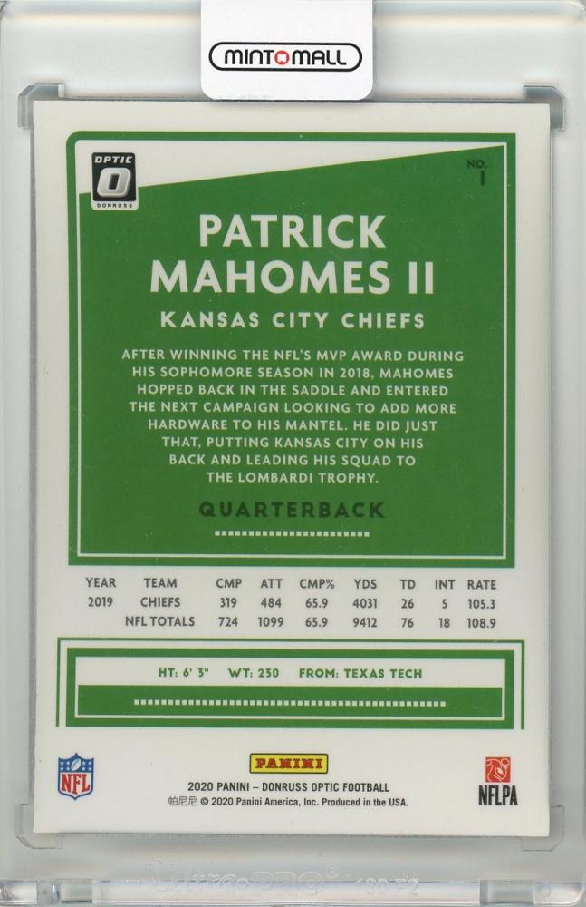 Graded Patrick Mahomes Rookie Card 2020 Panini Donruss Optic #106 Patrick  Mahomes II Graded MGS 10 GEM MINT - Football Trading Card Patrick Mahomes  Rated Rookie Card