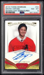 大谷翔平 2019 PANINI DONRUSS 自筆サイン入りPSA8鑑定済み 直送】 PSA鑑定済み 大谷翔平トレーディングカード8枚組 木製額