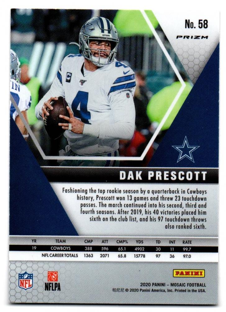 2020 Mosaic Dak Prescott #58 Dallas Cowboys NFL Trading Card 